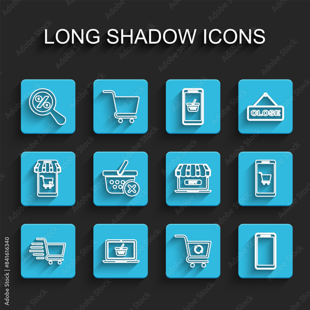 Set line Shopping cart, basket on laptop, Magnifying glass with percent, Refresh shopping, Smartphone, mobile phone, Remove, Mobile and and Online icon. Vector Set line Shopping cart, basket on laptop, Magnifying glass with percent, Refresh shopping, Smartphone, mobile phone, Remove, Mobile and and Online icon. Vector