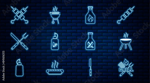 Set line Crossed fork and spatula, Barbecue grill, Ketchup bottle, knife, Grilled shish kebab, and grilled icon. Vector