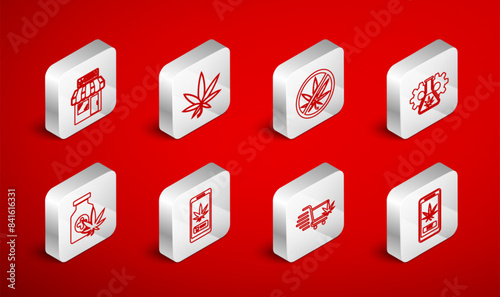 Set line Online buying marijuana, Marijuana or cannabis leaf, Stop, Test tube with, Shopping cart, and store, and Medical bottle icon. Vector
