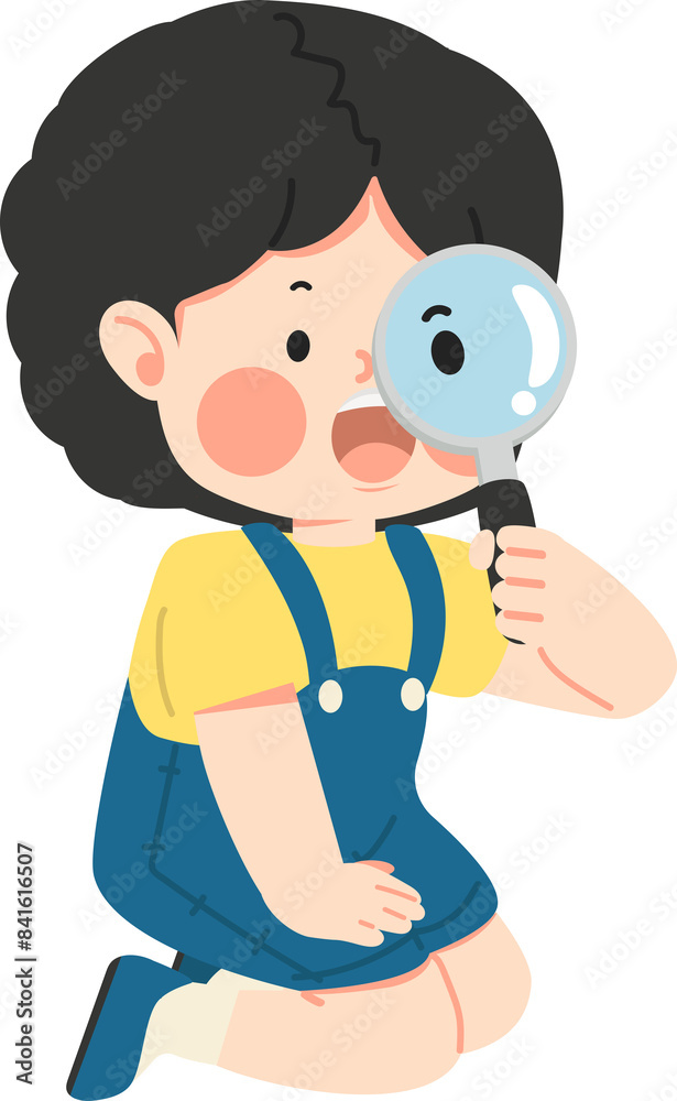 Kid Girl sitting and holding a magnifying glass Kid Girl sitting and holding a magnifying glass