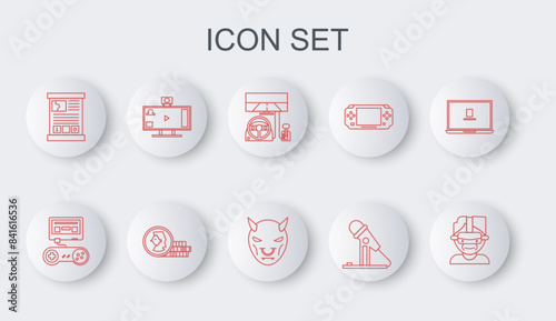 Set line Virtual reality glasses, Game console with joystick, Racing simulator cockpit, Microphone, guide, Live streaming online, Coin for game and Mask of the devil horns icon. Vector