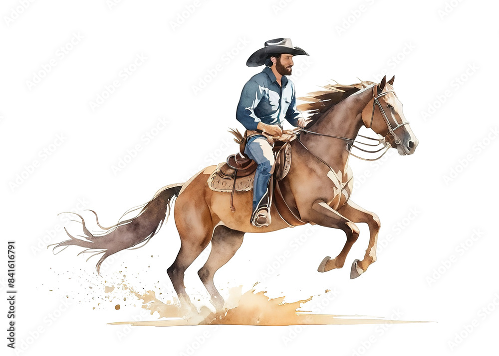 Fototapeta premium Watercolor cowboy riding a horse. Isolate background