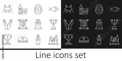Set line Burning candles, Hanukkah menorah, Easter egg, Decree, paper, parchment, scroll, Hands praying position, Pastafarianism, Stage stand tribune and Church building icon. Vector