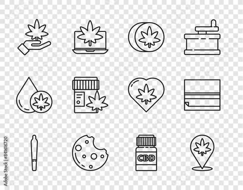 Set line Marijuana joint, Location and marijuana, Herbal ecstasy tablets, Cookies with, or cannabis leaf, Medical bottle, and Rolling paper icon. Vector