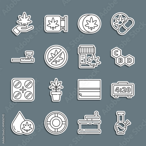Set line Glass bong for smoking marijuana, Digital alarm clock, Cannabis molecule, Herbal ecstasy tablets, Stop cannabis leaf, Smoking pipe, Marijuana and Medical bottle with icon. Vector