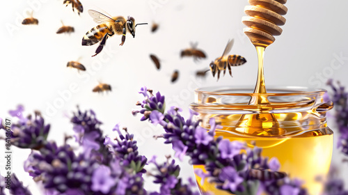 Honey poured over lavender and bees flying, white background