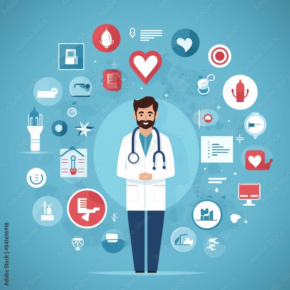 A doctor in lab coat with stethoscope surrounded by medical icons A doctor in lab coat with stethoscope surrounded by medical icons
