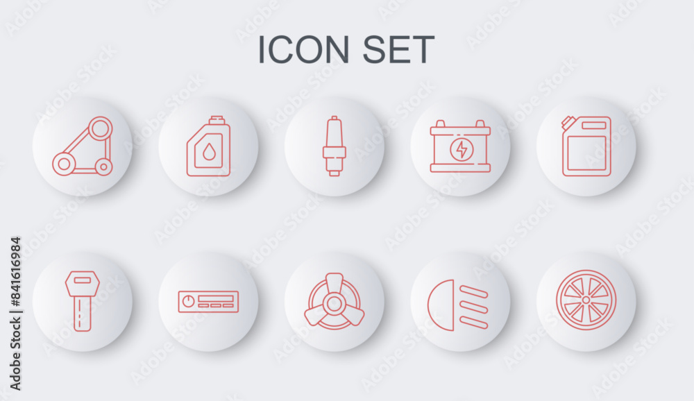 Set line Alloy wheel, Car key with remote, spark plug, High beam, Timing belt kit, Canister for motor oil, Audio and ventilator icon. Vector Set line Alloy wheel, Car key with remote, spark plug, High beam, Timing belt kit, Canister for motor oil, Audio and ventilator icon. Vector