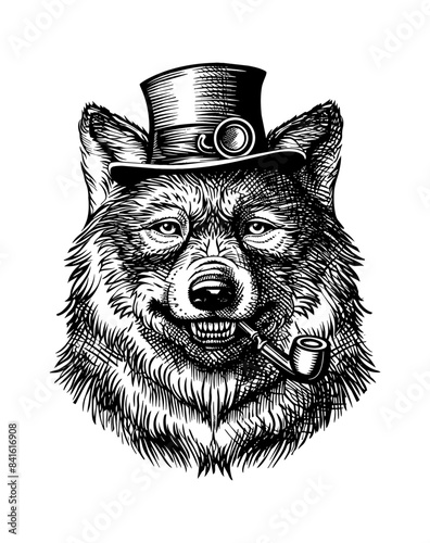 wolf, wears top hat and smoking pipe engraving black and white outline