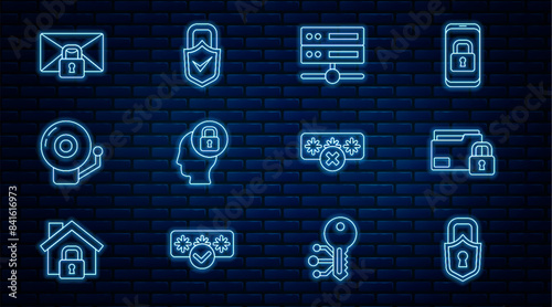 Set line Lock, Folder and lock, Server, Data, Web Hosting, Human head with, Ringing alarm bell, Mail message password, Password protection and check mark icon. Vector