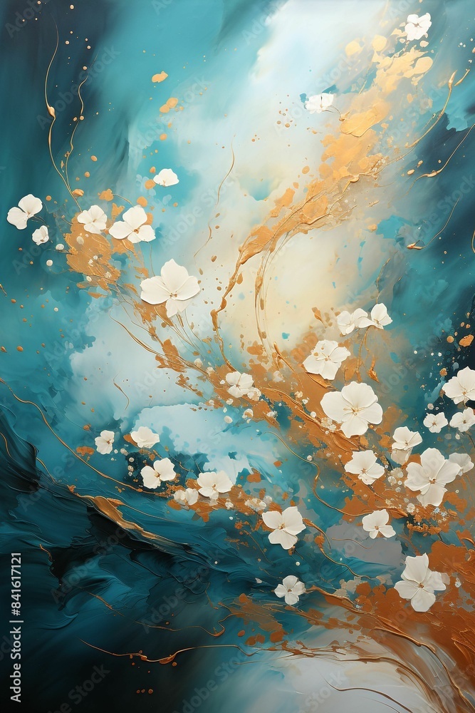 Painting of a tree with white flowers and gold leaves Painting of a tree with white flowers and gold leaves