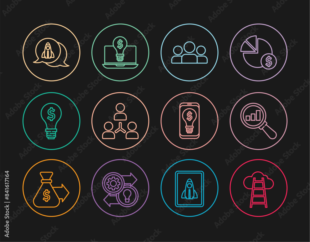Set line Stair with finish flag, Magnifying glass and analysis, Users group, Project team base, Light bulb dollar, Startup project concept, mobile and laptop icon. Vector Set line Stair with finish flag, Magnifying glass and analysis, Users group, Project team base, Light bulb dollar, Startup project concept, mobile and laptop icon. Vector