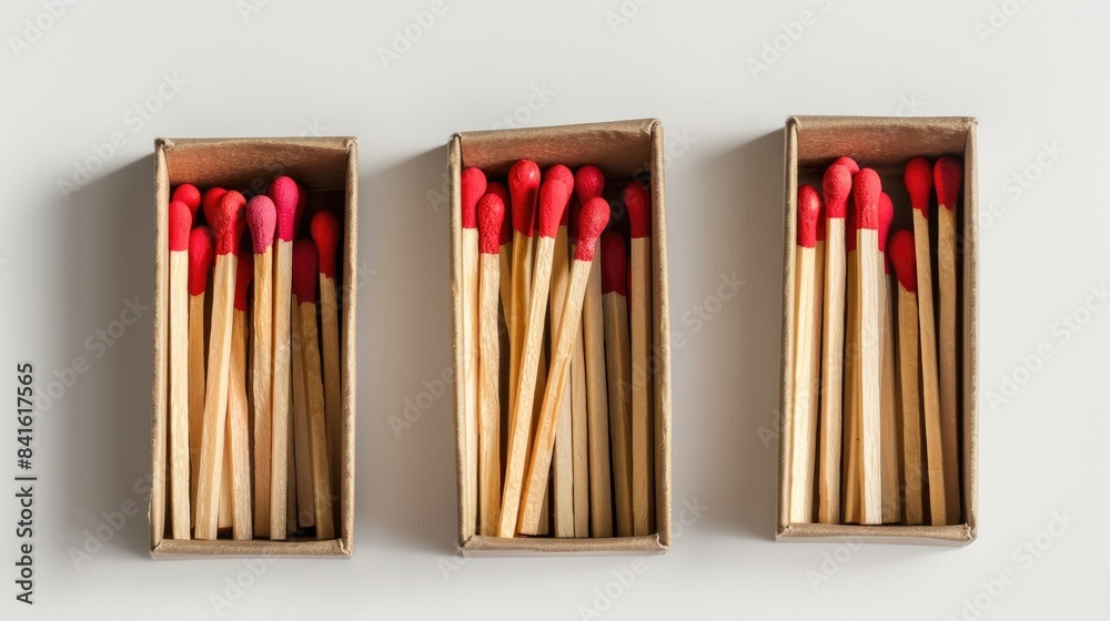 Matches stored in matchboxes Three open cardboard matchboxes packed with matches on a plain white surface Close up top view of matches with room for text Matchboxes separated against a white Matches stored in matchboxes Three open cardboard matchboxes packed with matches on a plain white surface Close up top view of matches with room for text Matchboxes separated against a white