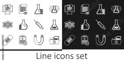 Set line Health record folder, DNA research, search, Genetic engineering, Clinical on monitor, Syringe and Paper page with eye icon. Vector