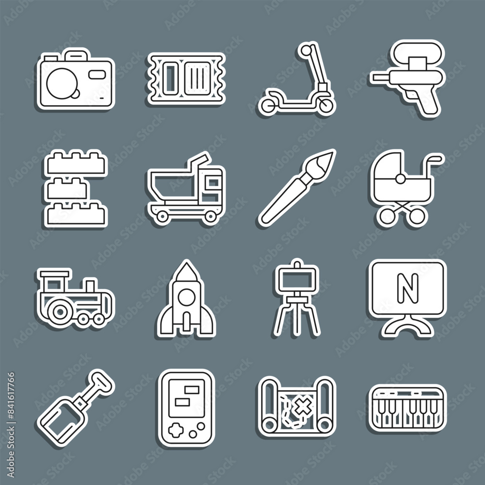Set line Music synthesizer, Smart Tv, Baby stroller, Roller scooter, Toy truck, building block bricks, Photo camera and Paint brush icon. Vector Set line Music synthesizer, Smart Tv, Baby stroller, Roller scooter, Toy truck, building block bricks, Photo camera and Paint brush icon. Vector
