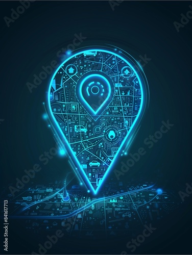 Abstract futuristic location icon with map pin and icons of transport.