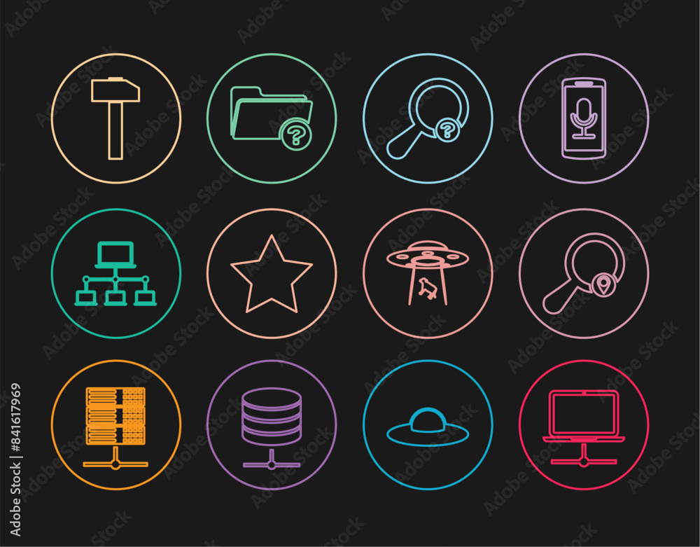 Set line Computer network, Search location, Unknown search, Star, Hammer, UFO abducts cow and directory icon. Vector Set line Computer network, Search location, Unknown search, Star, Hammer, UFO abducts cow and directory icon. Vector