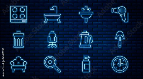 Set line Clock, Spatula, Washbasin, Office chair, Trash can, Gas stove, Electric kettle and Bathtub icon. Vector