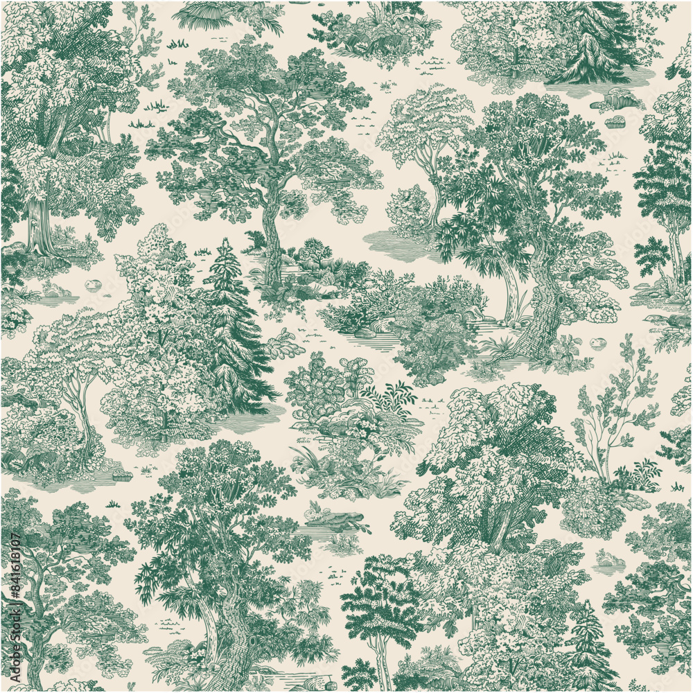 The Forest stories. Seamless pattern. Vector vintage illustration. Emerald and white