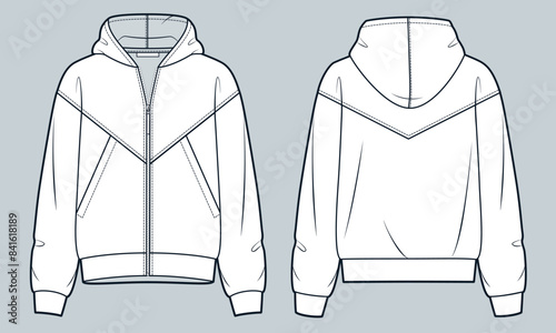  Zipped Jacket technical fashion illustration. Hooded Sweatshirt fashion flat technical drawing template, pockets, oversize, front  and back view, white, women, men, unisex Top CAD mockup. photo
