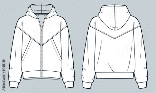  Zipped Jacket technical fashion illustration. Hooded Sweatshirt fashion flat technical drawing template, pockets, oversize, front  and back view, white, women, men, unisex Top CAD mockup.
