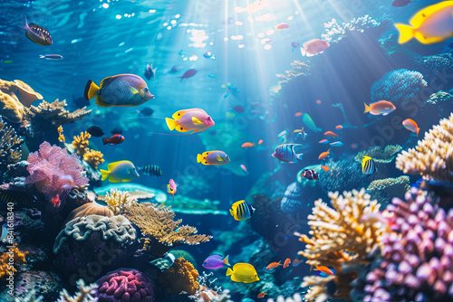 Tropical sea underwater with fishes on coral reef, colorful marine life photo