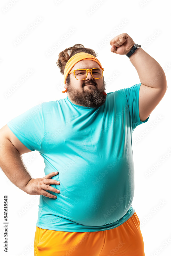 Funny overweight sportsman flexing muscles isolated on white Funny overweight sportsman flexing muscles isolated on white