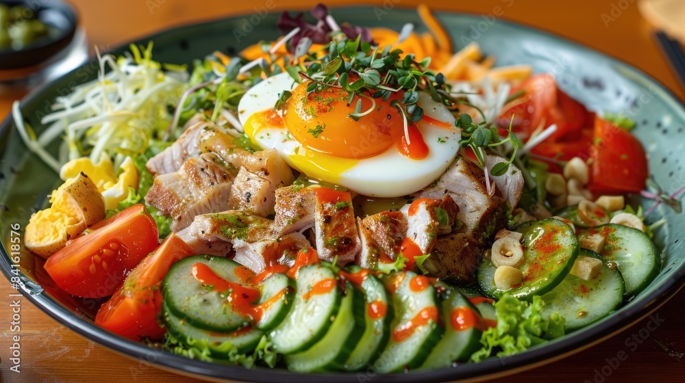 Mixed Salad with Meat Fish Cucumbers Tomatoes Cheese Sauce and Boiled Egg Mixed Salad with Meat Fish Cucumbers Tomatoes Cheese Sauce and Boiled Egg