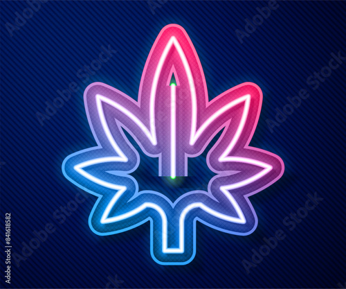 Glowing neon line Medical marijuana or cannabis leaf icon isolated on blue background. Hemp symbol. Vector