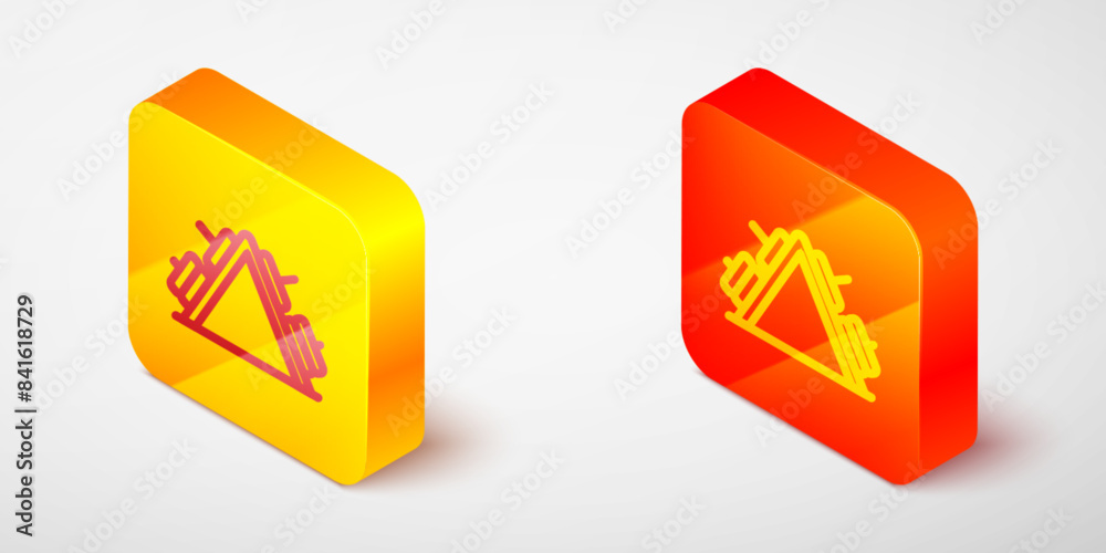 Isometric line Metal rack with additional weights for barbell icon isolated on grey background. Bodybuilding, fitness, sport, healthy lifestyle concept. Yellow and orange square button. Vector Isometric line Metal rack with additional weights for barbell icon isolated on grey background. Bodybuilding, fitness, sport, healthy lifestyle concept. Yellow and orange square button. Vector