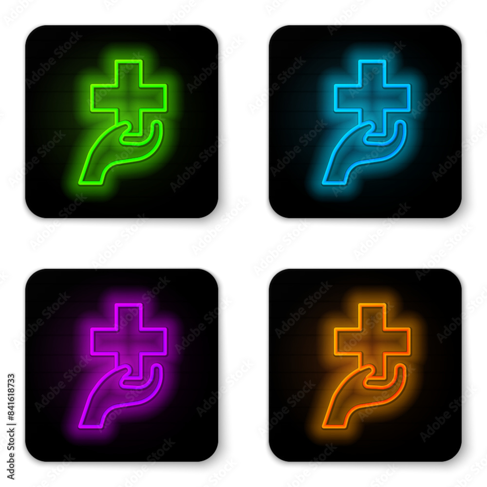 Obraz premium Glowing neon line Heart with a cross icon isolated on white background. First aid. Healthcare, medical and pharmacy sign. Black square button. Vector
