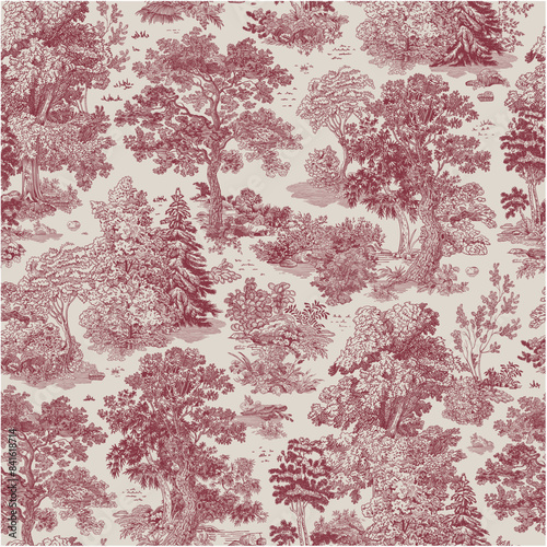 The Forest stories. Seamless pattern. Vector vintage illustration. Red and white