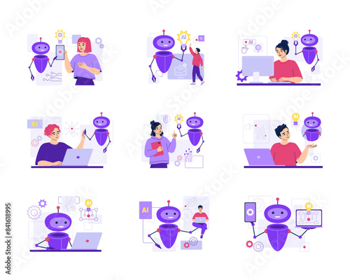 Artificial intelligence help people in work. Virtual robot assistant, customer service bot, online client support. AI-powered search, content creation. Isolated vector illustration