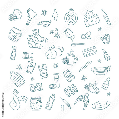 Set of medicines for cold or flu, elements of Illness treatment in doodle sketch. Pills, tablets, sprays, drops, for fever, viral diseases. Prevention of sickness. Isolated outline vector illustration