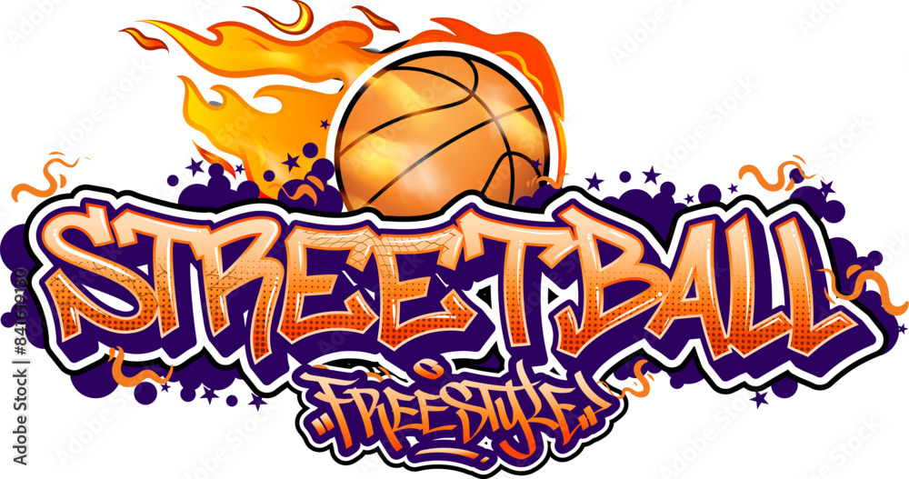 Obraz premium Streetball graffiti text vector design. Basketball wall art illustrations in graffiti style. Graphic streetball sport illustration