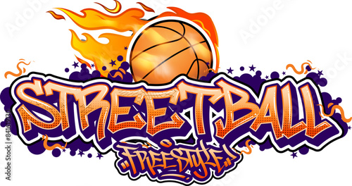 Streetball graffiti text vector design. Basketball wall art illustrations in graffiti style. Graphic streetball sport illustration