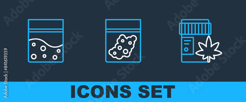 Set line Medical bottle with marijuana, Plastic bag of cannabis and icon. Vector