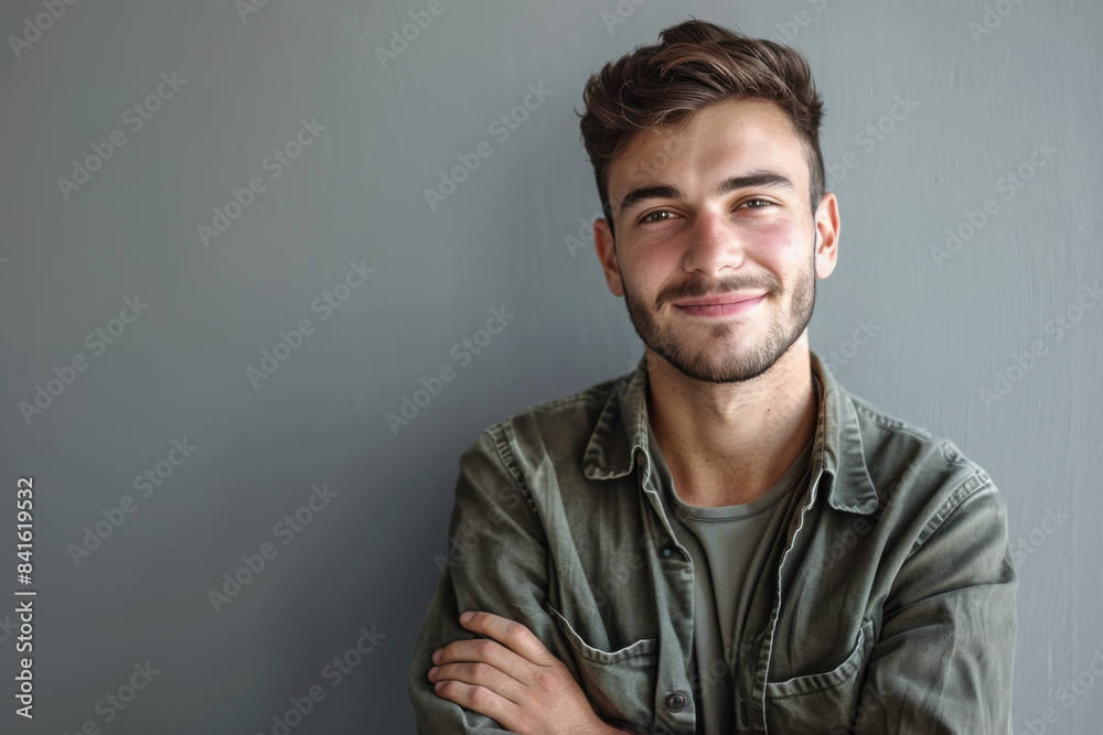 A close up portrait of a young man with a subtle smile A close up portrait of a young man with a subtle smile