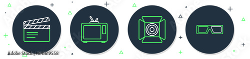 Set line Retro tv, Movie spotlight, clapper and 3D cinema glasses icon. Vector