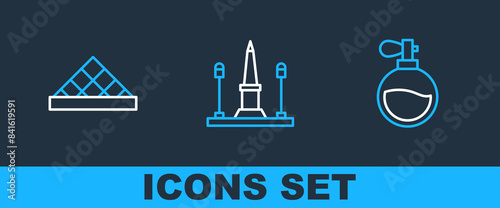 Set line Perfume, Louvre museum and Place De La Concorde icon. Vector