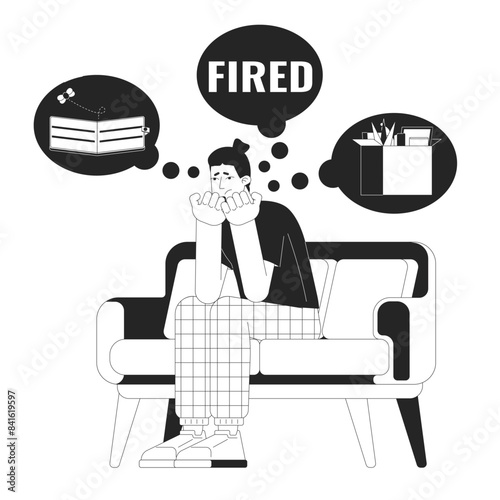 Caucasian man with obsessive thoughts black and white 2D line cartoon character. European man unemployed isolated vector outline person. Dismissed guy on sofa monochromatic flat spot illustration