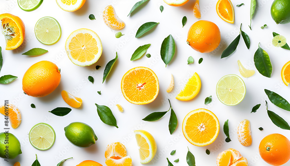 Different fresh citrus fruits and leaves falling on white background Different fresh citrus fruits and leaves falling on white background