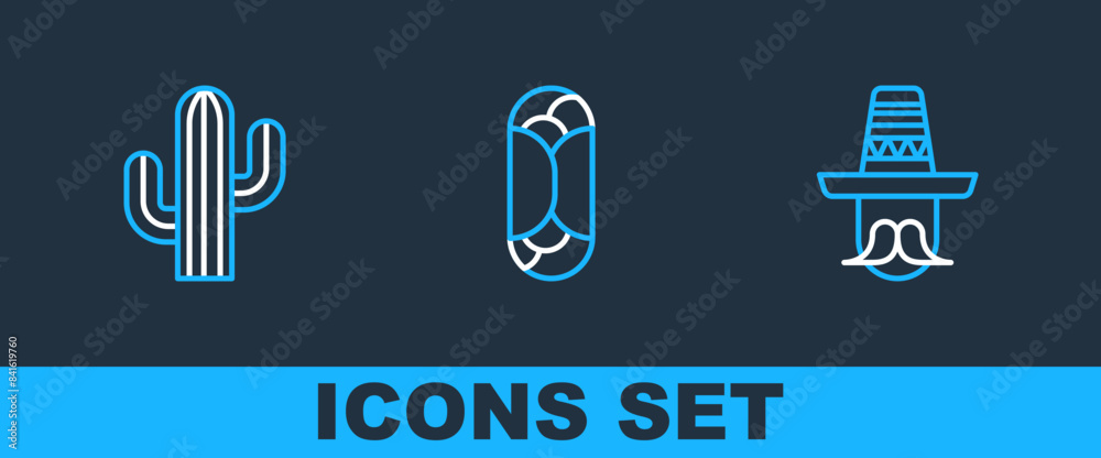 Set line Mexican man sombrero, Cactus and Burrito icon. Vector Set line Mexican man sombrero, Cactus and Burrito icon. Vector