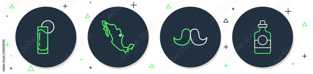 Set line Map of mexican, Mustache, Tequila glass with lemon and bottle icon. Vector