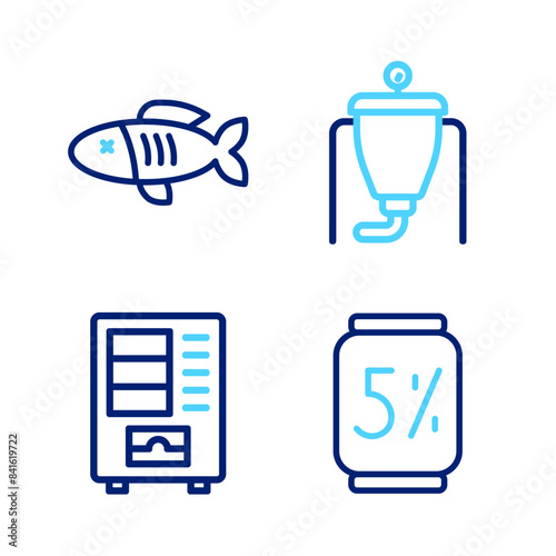 Set line Beer can, Vending machine, brewing process and Dried fish icon. Vector