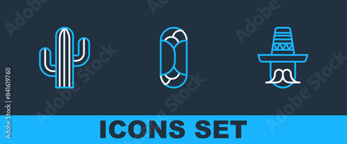 Set line Mexican man sombrero, Cactus and Burrito icon. Vector