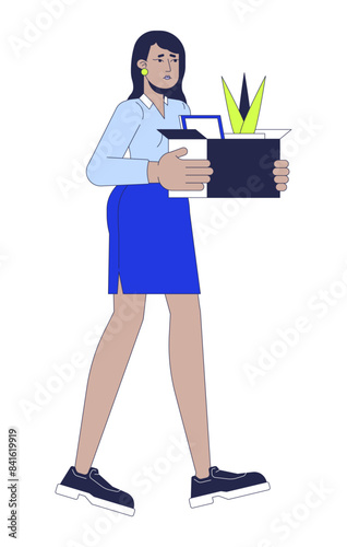 Unhappy hindu woman getting dismissal 2D linear cartoon character. Indian female losing job isolated line vector person white background. Unemployment growth color flat spot illustration