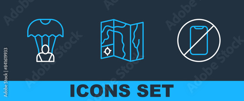 Set line No cell phone, Parachute and World travel map icon. Vector