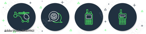 Set line Peace, Walkie talkie, Helicopter and icon. Vector