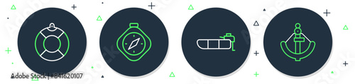 Set line Compass, Inflatable boat with motor, Lifebuoy and Anchor icon. Vector